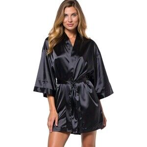 Turquaz Womens Sz M Black Satin Silky Robe Pockets Belt Sexy Kimono Bridesmaid